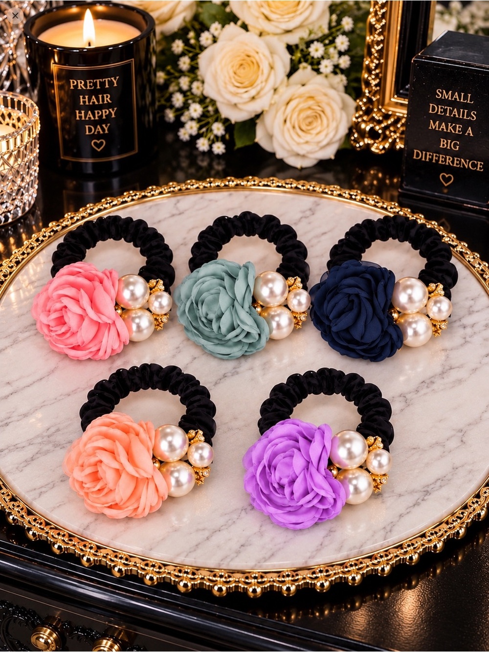 Eleanor ShuMark 5 Piece Floral Pearl Hair Tie Set NWT